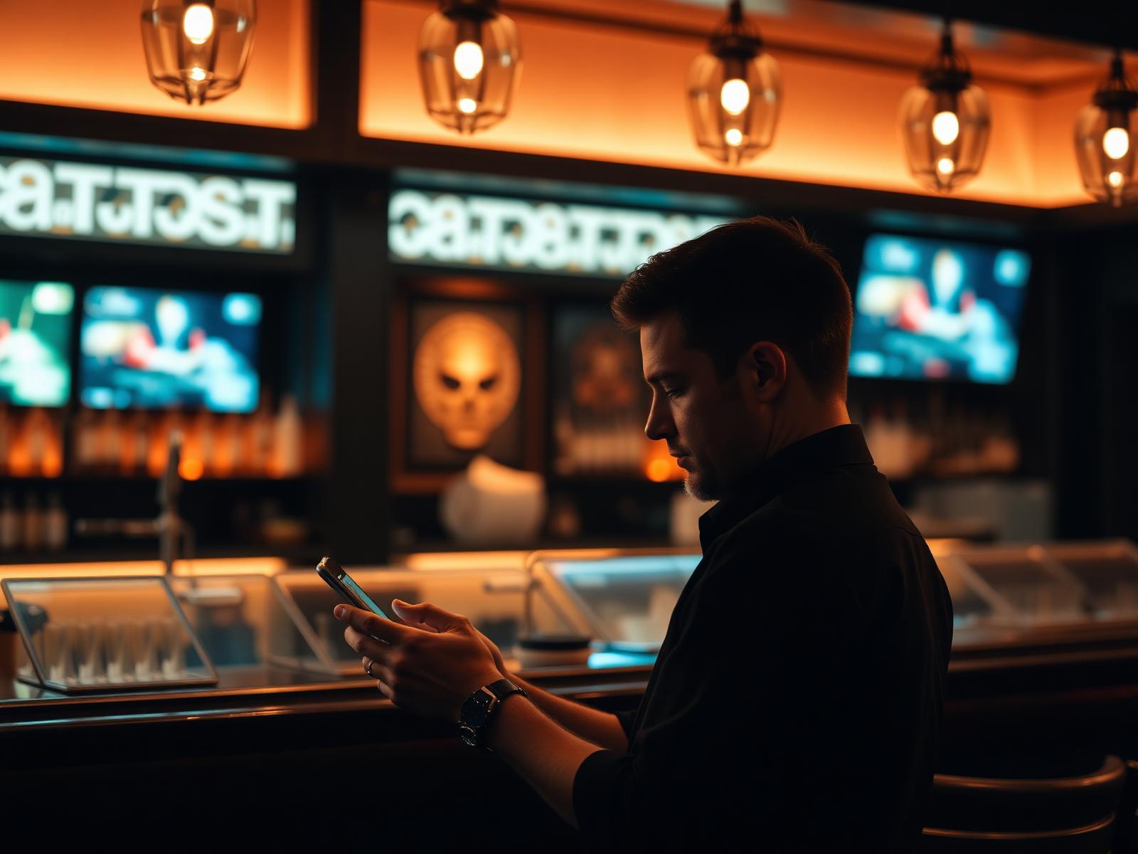 Hospitality manager updating venue screens from a phone behind the bar
